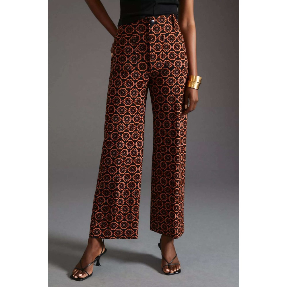Maeve Anthropologie The Colette Cropped Wide Leg Pants 28 Retro Orange Floral